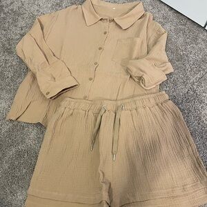 Amazon Women's Tan Button Down Shirt & Short Set